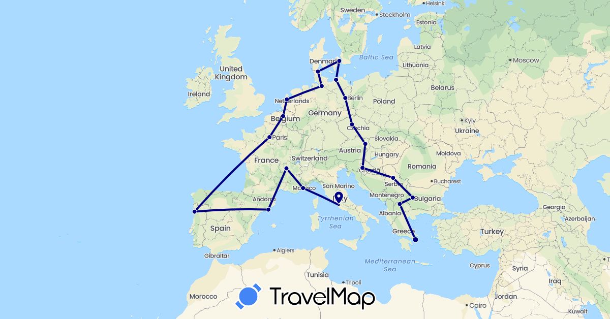 TravelMap itinerary: driving in Austria, Belgium, Bulgaria, Czech Republic, Germany, Denmark, Spain, France, Greece, Croatia, Italy, Macedonia, Netherlands, Portugal, Serbia (Europe)