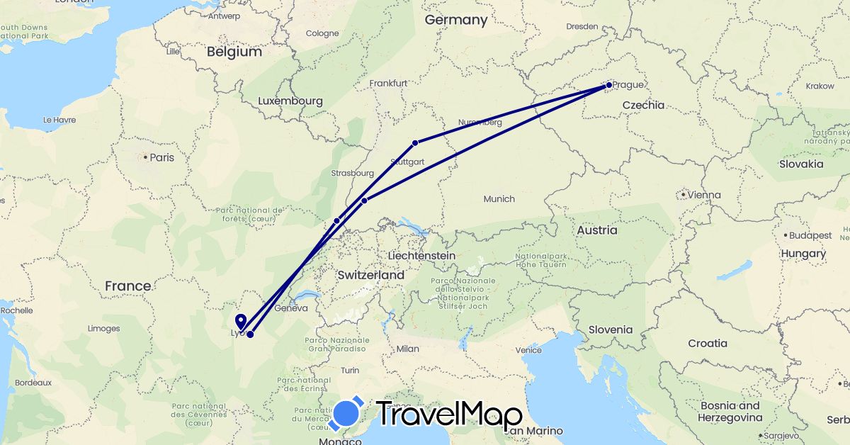 TravelMap itinerary: driving in Czech Republic, Germany, France (Europe)